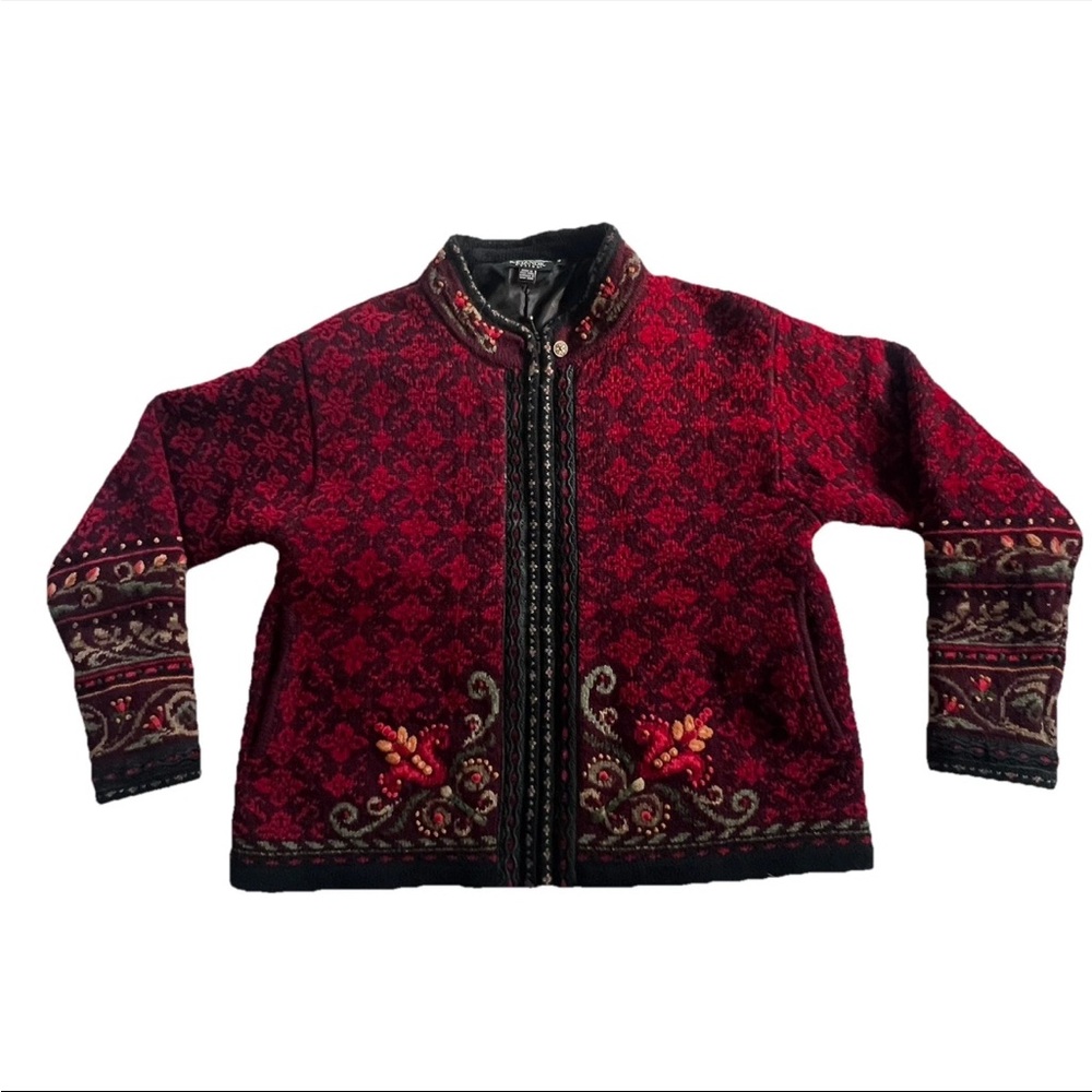 Icelandic Design Women's Wool Blend Sweater M Embroidered Burgundy Whimsigoth